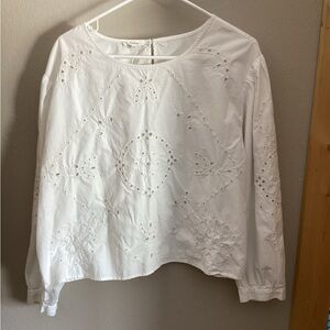 Maurices White Cotton Embroidered Geometric Long Sleeve Blouse L Round Neck
